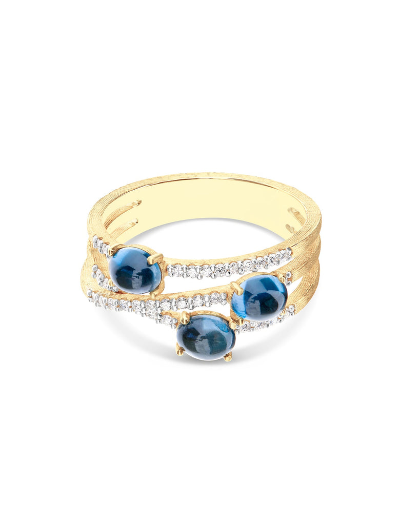 Anello "DANCING AZURE" a tripla fascia incrociata in oro, diamanti e topazio London blu