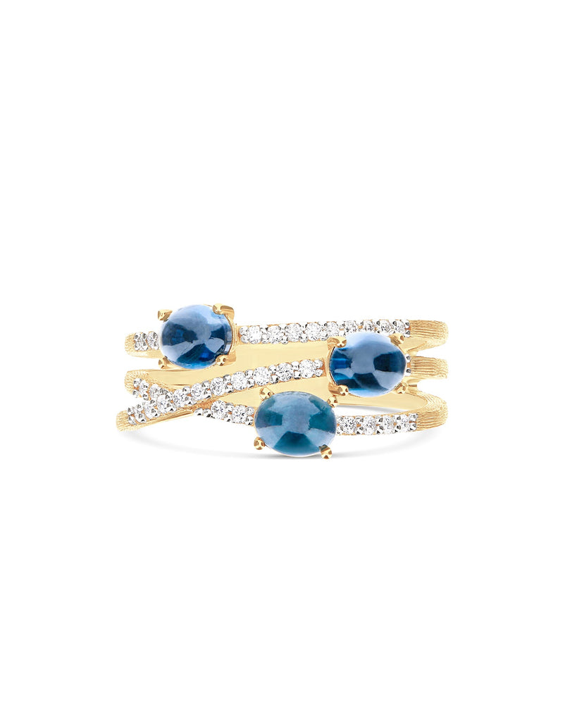 Anello "DANCING AZURE" a tripla fascia incrociata in oro, diamanti e topazio London blu