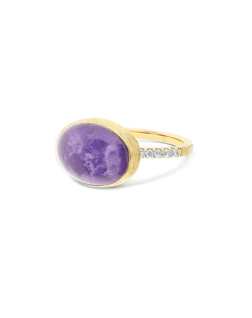 Anello Violetta "Boules" in oro inciso, diamanti, lepidolite e madreperla (medio)