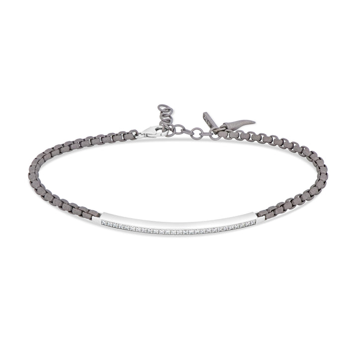 MANO J BRACCIALE UOMO CON CATENINA SCOOBY DOO IN TITANIO E TARGHETTA IN ORO BIANCO 9 KT CON DIAMANTI WHITE