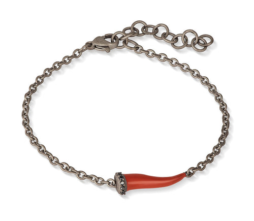 MANO J. BRACCIALE CHARMS CON CORNETTO SMALTATO ROSSO IN TITANIO, 5 BLACK E CATENA
