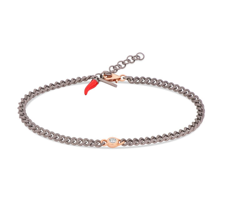 MANO J. BRACCIALE UOMO IN TITANIO CON PUNTO LUCE, DIAMANTI WHITE E UNA CATENA GROUMETTE, ORO ROSSO 9KT