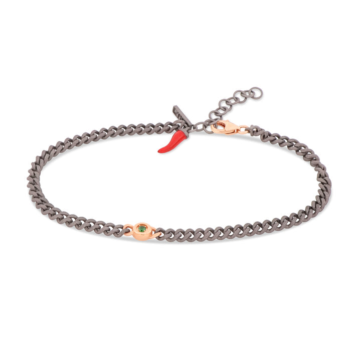 MANO J. BRACCIALE UOMO IN TITANIO CON PUNTO LUCE, ZAVORRITI E UNA CATENA GROUMETTE, ORO ROSSO 9KT