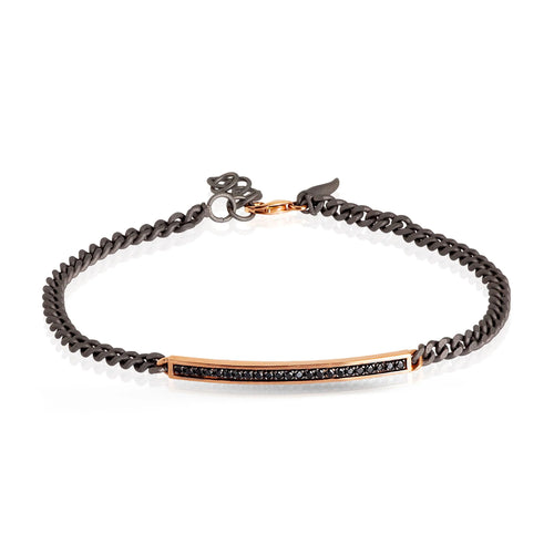 MANO J. BRACCIALE UOMO CATENA GROUMETTE IN TITANIO, BARRETTA IN ORO ROSSO 9KT, DIAMANTI BLACK
