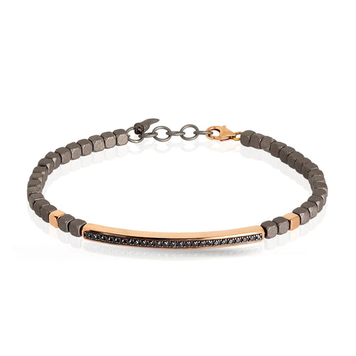 MANO J. BRACCIALE UOMO IN TITANIO, BARETTA E 2 CUBI IN ORO ROSSO 9KT E DIAMANTI BLACK