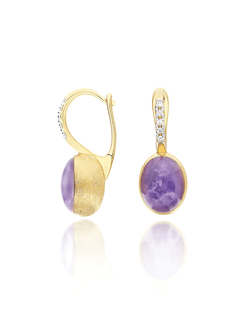 Orecchino Violetta "Boules" in oro inciso, diamanti, lepidolite e madreperla (medio)