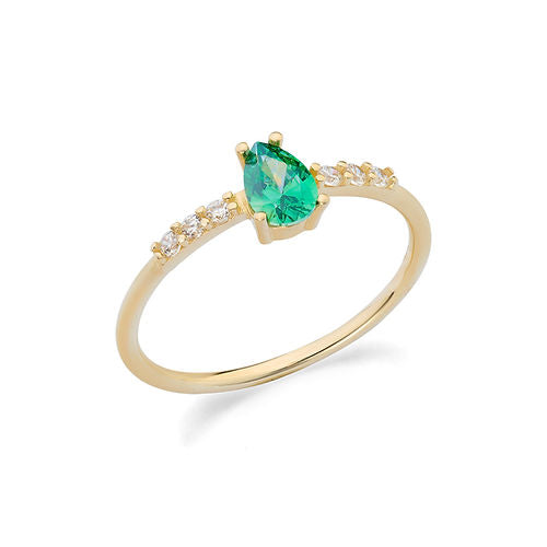 Anello in Oro Giallo 375‰ con zirconi bianchi e verde taglio goccia